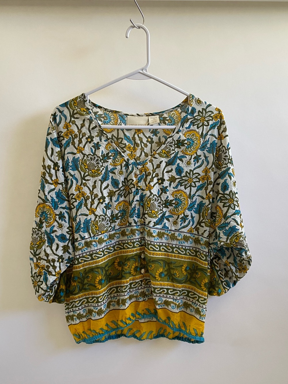 Cynthia Rowley Floral V-Neck Blouse in Teal, Mustard & Cream